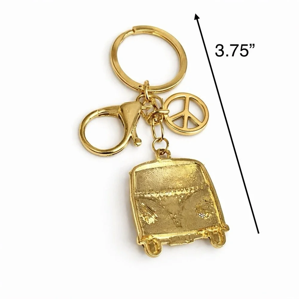 Pink Hippie USA Peace Van Gold Tone Keychain Purse Charm Rhinestone Metal Clip